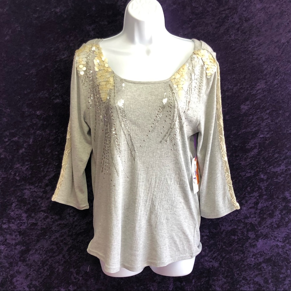 Miss Me Embellished Sequin Scoop Neck 3/4 Length Sleeve Knit Top Y2K Boho Size M